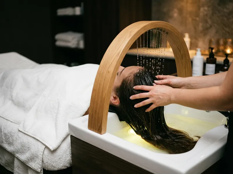 Cabelo enxaguado sob um arco de água iluminado num lavatório de head spa (ilustração de demonstração)