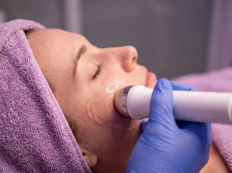 Ponteira de radiofrequência na face sobre uma camada de gel (ilustração de demonstração)